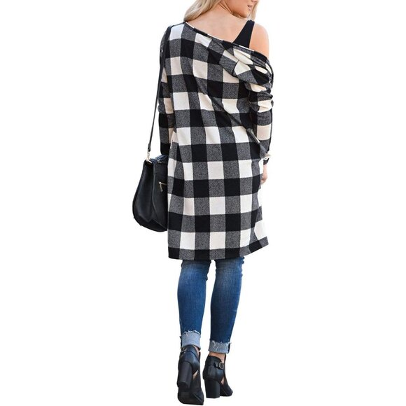 Women's Buffalo Plaid Open Front Cardigan Knit Long Sleeve V Neck - Picture 5 of 5